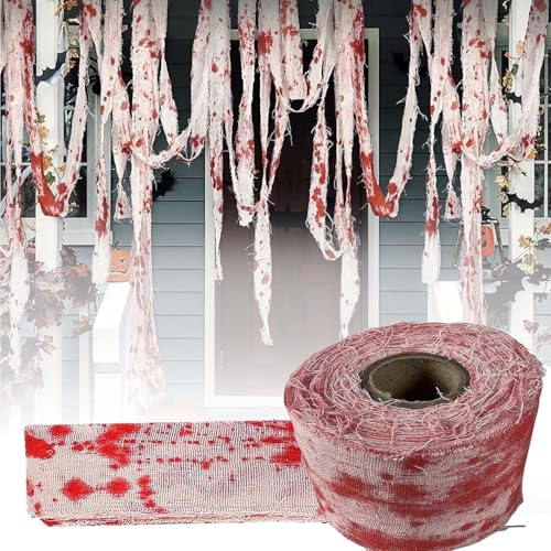 Yuqilin Halloween Deko Halloween Blutige Gaze Gaze Dekoration 8 cm X 10 m Weißes Horror-Tuch mit Blutigen Handabdrücken Gruseliges Kriechende Geisterpropie Party Decor von Yuqilin