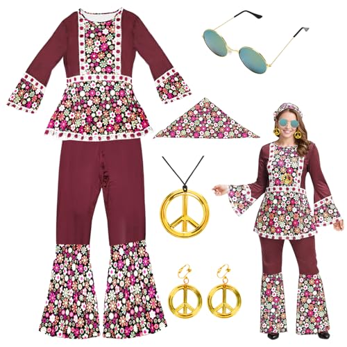 Yuragim Hippie Kostüm Damen, 70er Jahre Outfit Damen Set Kleidung Accessoires, Faschingskostüme Hippie Mottoparty Kostüm, 70er Jahre Kleidung für Frau Karneval Disco Outfit (L) von Yuragim