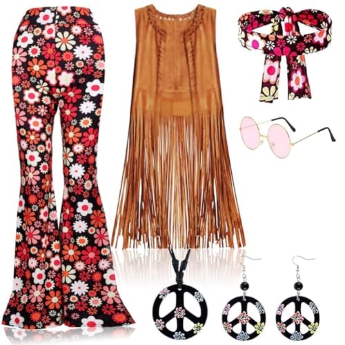 Yuragim Hippie Kostüm Damen Set mit Fransenweste Schlaghose Damen 70er Hippie Accessoires Hippie Kleidung Damen Kostüm 70er Jahre Bekleidung Damen Disco Outfit Faschingskostüm Mädchen (XL) von Yuragim