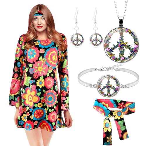 Yuragim Hippie kostüm Damen 70er Jahre Bekleidung Damen Kleid, Karneval Kostüm Damen,Kostüm Hippie Frau, 70er-Hippie-Kleid-Kostüm für Damen 60er 70er Hippie Kleidung Damen Accessoires Disco von Yuragim