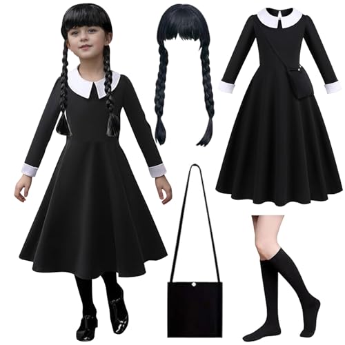 Yuragim Mittwoch Kostüm Kinder, 4 Stück Wendnesday Kostüm Mädchen mit Gothic Schwarzer Kleid & Perücke Tasche Socken Karnevalskostüme Kinder Karneval Kostüm Set Mädchen Cosplay Fasching Party Outfit von Yuragim