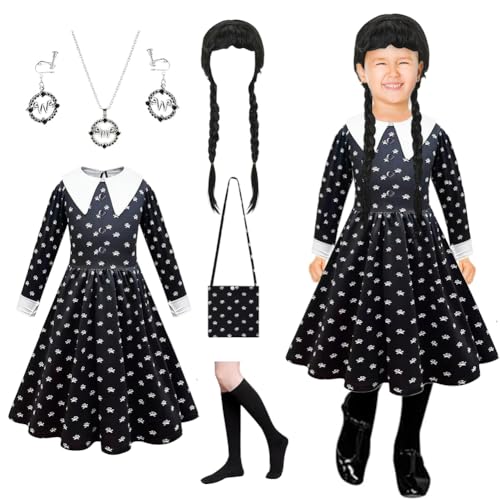 Yuragim Mittwoch Kostüm Kinder, 6 Stück Wendnesday Kostüm Mädchen mit Gothic Schwarzer Kleid &Perücke Ohrringe Halskette Tasche Socken Kinder Karneval Kostüm Set Mädchen Cosplay Fasching Party Outfit von Yuragim
