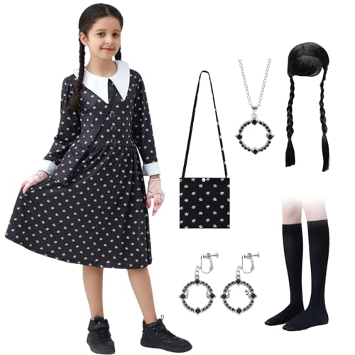Yuragim Schwarz Kostüm Mädchen, Faschingskostüme Gothic Schwarzer Kleid mit Perücke & Tasche & Socken Set Mittwoch Kostüm Kinder, Lange Kostüm Kleid Mädchen Fasching Karneval Cosplay Party Outfit von Yuragim
