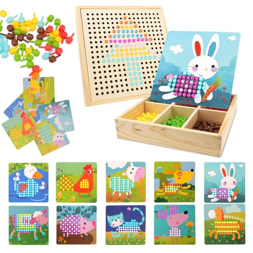 Yuragim Mosaik Steckspiel Spiele ab 2 3 4 5 Jahre, Holz Steckspiel Montessori Spielzeug mit 240 Steckperlen 10 Karten Kreatives Pädagogisches Lernspielzeug Geschenk für Kinder Mädchen Jungen (B) von Yuragim