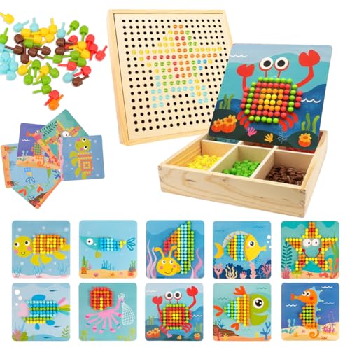 Yuragim Mosaik Steckspiel Spiele ab 2 3 4 5 Jahre, Holz Steckspiel Montessori Spielzeug mit 240 Steckperlen 10 Karten Kreatives Pädagogisches Lernspielzeug Geschenk für Kinder Mädchen Jungen (D) von Yuragim