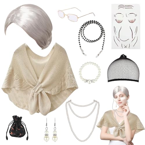 Yuragim Oma Kostüm Alte Frau, Old Lady Kostüm Großmutter Cosplay Zubehör Set Silber Oma Perücke Perückekappe Oma Brille Perlenkette Ohrringe Armband Alte Dame Verkleidung für Fasching Karneval Damen Yuragim Oma Kostüm Alte Frau, Old Lady Kostüm Großmutter Cosplay Zubehör Set Silber Oma Perücke Perückekappe Oma Brille Perlenkette Ohrringe Armband Alte Dame Verkleidung für Fasching Karneval Damen von Yuragim