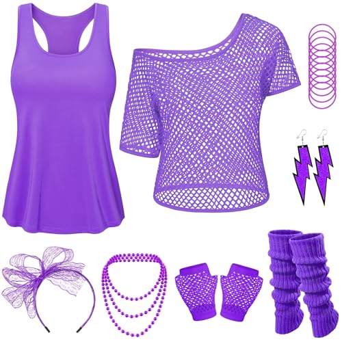 Yuriko Damen 80er Jahre Outfit Party Kostüme Fischnetz Neon Off Shoulder T-Shirt Zweiteiler mit 80er Jahre Kostüm Zubehör, Violett, X-Large von Yuriko