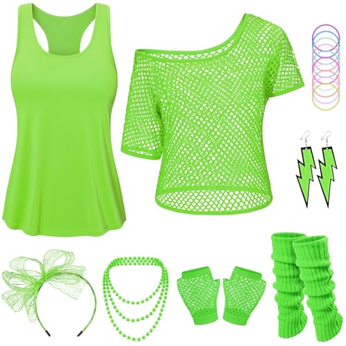 Yuriko Damen 80er Jahre Outfit Party Kostüme Fischnetz Neon Schulterfrei T-Shirt Zweiteilig mit 80er Jahre Kostüm Zubehör, Grün , L von Yuriko