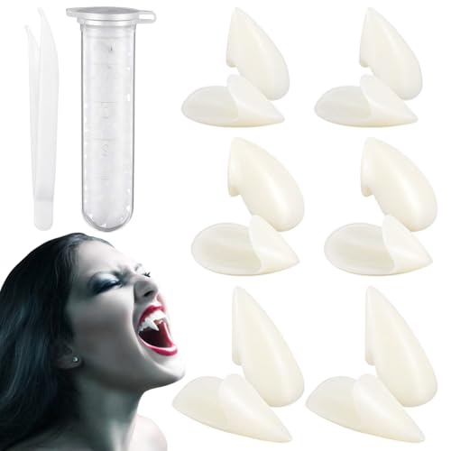 Packung mit 6 Paar Vampirzähnen, Vampirzähne für Kinder, Vampirzubehör. 3 Größen (15 mm, 17 mm, 19 mm) mit Einer Tube Beißring-Pellets, geeignet für Rollenspiele, Halloween-Partys usw. von Yurongyxgs