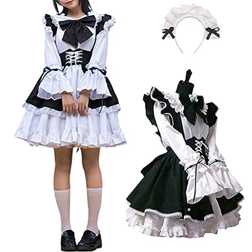 Yusat Frauen Dienstmädchen Outfit Anime Langes Kleid Schwarz und Weiß Schürze Kleid Cosplay Kostüm Vier Jahreszeiten von Yusat