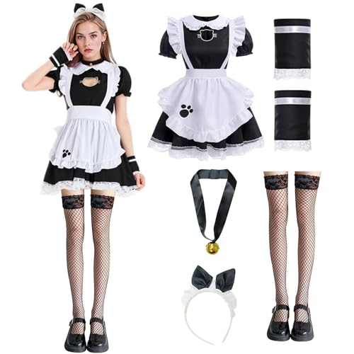 Maid Outfit Schwarz-Weißes, Katze French Maid Dress, Maid Cosplay, Süßes Katzenmädchenkleid, Dienstmädchen Kostüm mit Stirnband Netzstrümpfe, für Weihnachten, Halloween, Karneval, Einheitsgröße Maid Outfit Schwarz-Weißes, Katze French Maid Dress, Maid Cosplay, Süßes Katzenmädchenkleid, Dienstmädchen Kostüm mit Stirnband Netzstrümpfe, für Weihnachten, Halloween, Karneval, Einheitsgröße von YushengTai