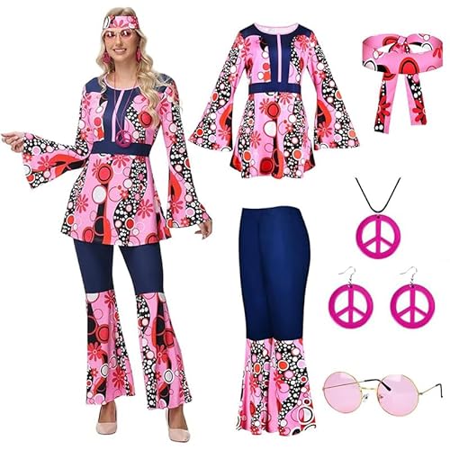 YushengTai Damen Hippie Kostüm, 70er Jahre Outfit, Faschingskostüm, Disco Outfit, Schlaghose, Hippie Mottoparty Kostüm, für Disco Karneval Party, XL von YushengTai