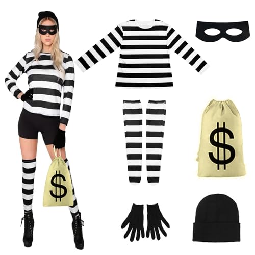 YushengTai Bankräuber Kostüm Damen, Dieb Kostüm, Erwachsene Räuber Kostüm Set mit T-Shirt, Mütze, Handschuhen, Halloween Kostümset, Predator Kostüm für Cosplay, Karneval, Mottoparty, M von YushengTai