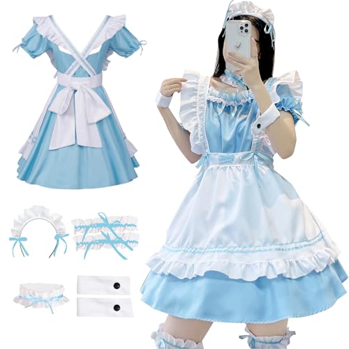 YushengTai French Maid Dress Anime Maid Cosplay Niedliche Dienstmädchen Kleid für Weihnachten Halloween Maskerade Maid Kostüm Outfit Set Blau, Größe L von YushengTai