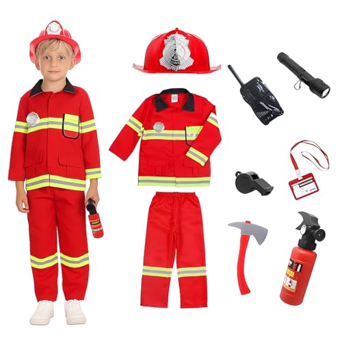 YushengTai Feuerwehrmann Kostüm Kinder, Feuerwehr Kostüm Kinder mit Feuerlöscher, Helm und Feuerwehrzubehör, Faschingskostüme kinder Junge Cosplay für Karneval, Halloween (XL, 12-14 Jahre) von YushengTai