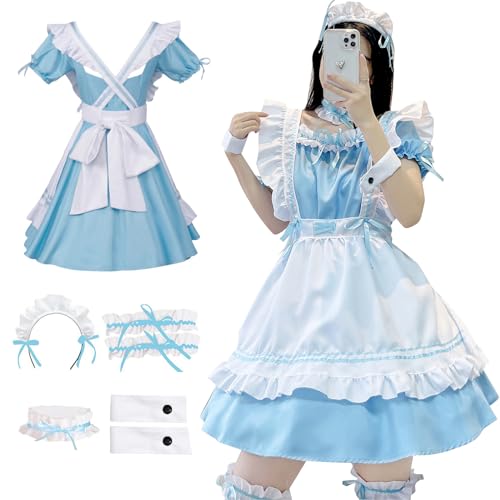 YushengTai French Maid Dress, Klassisches Dienstmädchen Kostüm, Karneval Kostüm Damen Maid Kostüm, Cosplay Anime Blaues Kleid, für Weihnachten, Karneval, Maskeraden, Größe M von YushengTai