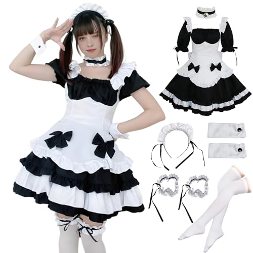 YushengTai Schwarz-Weiß Maid Dress, Maid Outfit Cosplay Anime, Maid Cosplay Spiel Kostüm, Dienstmädchen Kostüm mit Stirnband, für Halloween, Neujahr, Mottoparty, Ball, Karneval (M) von YushengTai