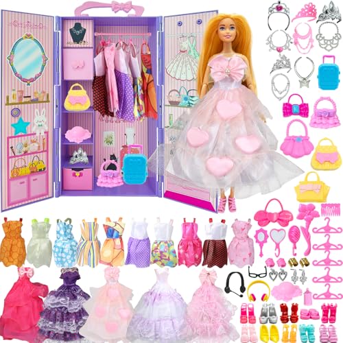 Yutoy Puppen Kleiderschrank Set 63 Zubehör, für 11,5 Zoll Mädchen Puppen, für Puppe Kleidung, Einschließlich Puppenschrank, Kleid, Schuhe, Taschen, Kleiderbügel, Kopfschmuck, Kamm, （Lila） von Yutoy