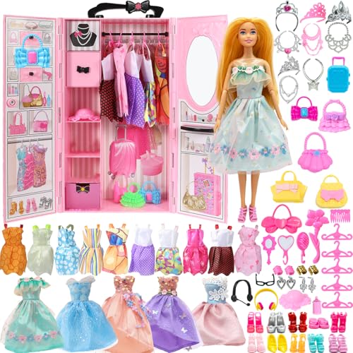 Yutoy Puppen Kleiderschrank Set für Puppe Kleidung, für 11,5 Zoll Mädchen Puppen, 63 Zubehör, Einschließlich Puppenschrank, Kleid, Schuhe, Taschen, Kleiderbügel, Kopfschmuck, Kamm, Spiegel von Yutoy