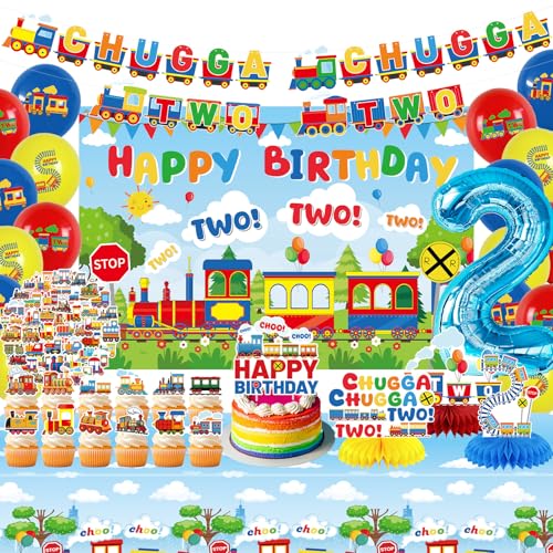 Chugga Chugga 2 Party-Dekorationen, Zug 2. Geburtstag, Partyzubehör, für 2 Jahre alte Jungen, Eisenbahn, Zug, Themen-Geburtstagszubehör Chugga Chugga 2 Party-Dekorationen, Zug 2. Geburtstag, Partyzubehör, für 2 Jahre alte Jungen, Eisenbahn, Zug, Themen-Geburtstagszubehör von Ywediim