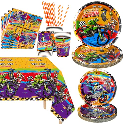 Dirt Bike Party Supplies, enthält Teller, Serviette, Becher, Gabeln, Tischdecke, für Kinder Jungen Mädchen Motorrad Extremsport Geburtstag Dekorationen, Serve 20 (Serve 20) von Ywediim
