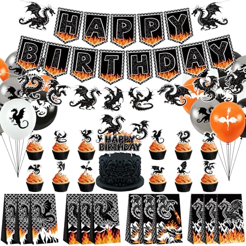 Drachen-Geburtstagsparty-Dekoration, einschließlich Happy Birthday Party-Banner, Kuchendekoration, Geschenktüte, Luftballons, für Drachen-Mottoparty-Zubehör von Ywediim