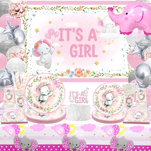 Elefant Partygeschirr Kindergeburtstag Deko für 20 Personen, "It's a girl" Kulisse, Teller, Rosa Ballon Bogen Kit, Servietten, Tassen, Tischdecken, für Baby Dusche Geburtstag Party Dekoratione Elefant Partygeschirr Kindergeburtstag Deko für 20 Personen, "It's a girl" Kulisse, Teller, Rosa Ballon Bogen Kit, Servietten, Tassen, Tischdecken, für Baby Dusche Geburtstag Party Dekoratione von Ywediim