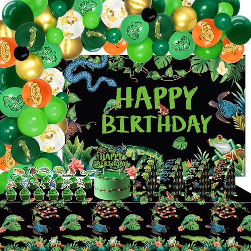 Reptilien Geburtstagsfeierbedarf, Happy Birthday-Fonds, Luftballons, Kuchen-Topper, Geschenktüten, Tischdecke, Kindergeburtstags-Dschungel-Party-Dekor (Hintergrund) von Ywediim