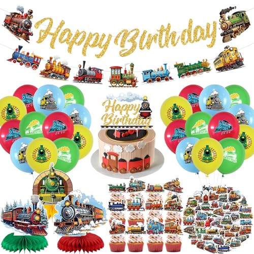 Vintage-Zug-Party-Dekorationen, inklusive Happy Birthday-Banner, Kuchenaufsätze, Aufkleber, Luftballons, Waben-Mittelstücke, für Zug-Themen-Geburtstagsparty, Babyparty-Zubehör Vintage-Zug-Party-Dekorationen, inklusive Happy Birthday-Banner, Kuchenaufsätze, Aufkleber, Luftballons, Waben-Mittelstücke, für Zug-Themen-Geburtstagsparty, Babyparty-Zubehör von Ywediim