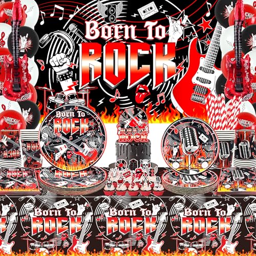 Ywediim Rock and Roll Partydekorationen, einschließlich Born to Rock Hintergrund Banner, Teller, Servietten, Tischdecke, Kuchenaufsätze, Luftballons, Tischdecken, für Rockmusik Thema Party Supplies von Ywediim