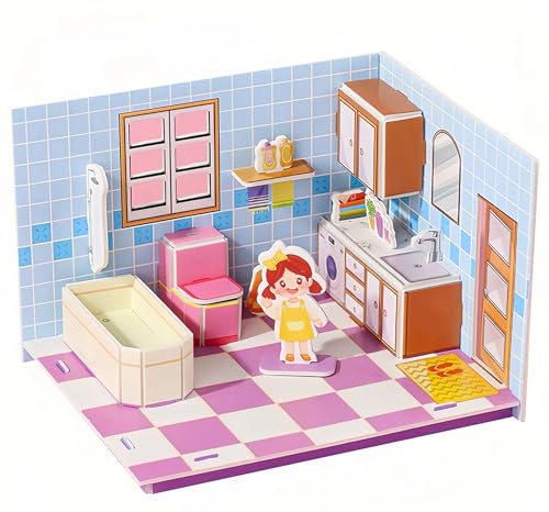 Yxian 3D DIY Bastelsets für Mädchen ab 3 Jahren | Kinderzimmer-Dekoration aus Papier mit Küche, Schlafzimmer, Bad & Wohnzimmer | Kreative DIY Puzzle zum Selberbauen als Lernspielzeug (Badezimmer) von Yxian