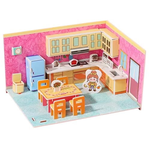 Yxian 3D DIY Bastelsets für Mädchen ab 3 Jahren | Kinderzimmer-Dekoration aus Papier mit Küche, Schlafzimmer, Bad & Wohnzimmer | Kreative DIY Puzzle zum Selberbauen als Lernspielzeug (Küche) von Yxian