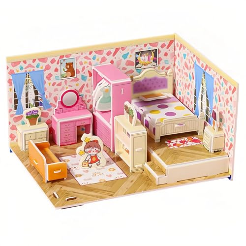 Yxian 3D DIY Bastelsets für Mädchen ab 3 Jahren | Kinderzimmer-Dekoration aus Papier mit Küche, Schlafzimmer, Bad & Wohnzimmer | Kreative DIY Puzzle zum Selberbauen als Lernspielzeug (Schlafzimmer) von Yxian