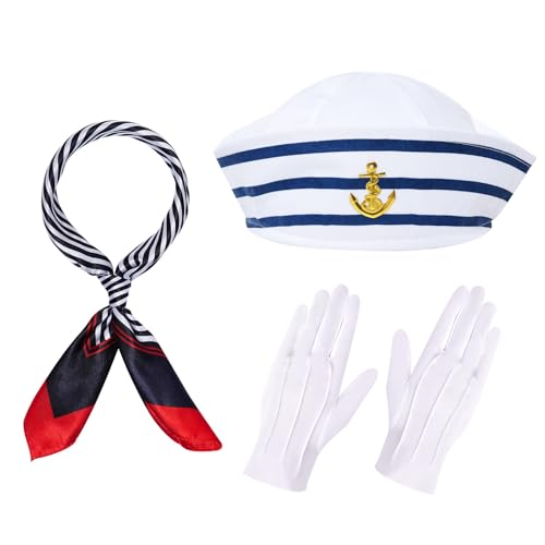Yymobt Matrosen Kostüm Zubehör Matrosenmütze und Schal Yacht Kapitän Hut weiß und blau gestreift Piraten Outfit Cosplay, Mehrfarbig, Standard von Yymobt