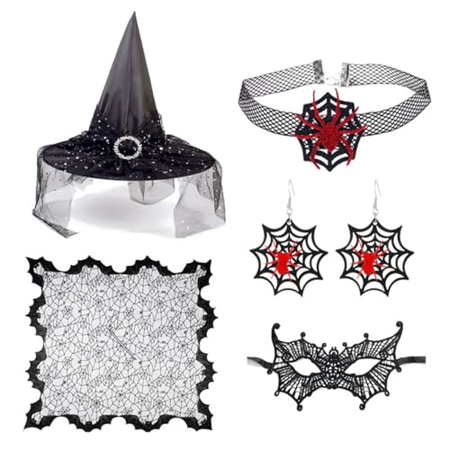 Yzdysg Frauen Witch Kostüm Hexenhut Augenmaske Choker Halskette Ohrringe Für Maskerade Erwachsene Halloween Hexenkostümzubehör von Yzdysg