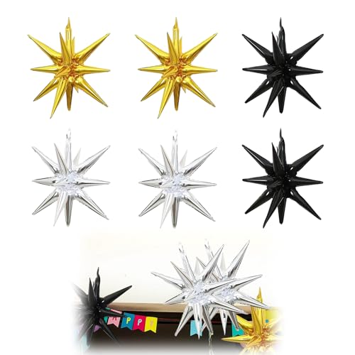 Folienstern-Luftballons, 55,9 cm, langlebiges Aluminium, 14-zackiges Dekor, Schwarz-Gold- und Silber-Party-Dekorationen für Geburtstage, Hochzeiten, Babypartys, 6 Stück von YzmrBdqc