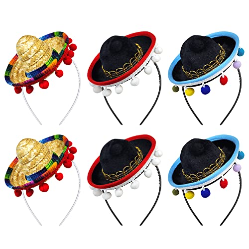 Yzpacc Set von 6 Cinco de Mayo Stroh Sombrero Stirnband Stoff Partyhüte mit Ball Fransen Dekoration für Fiesta Hut Partyzubehör, Dia de Muertos, mexikanische Themen Dekorationen Partyzubehör von Yzpacc