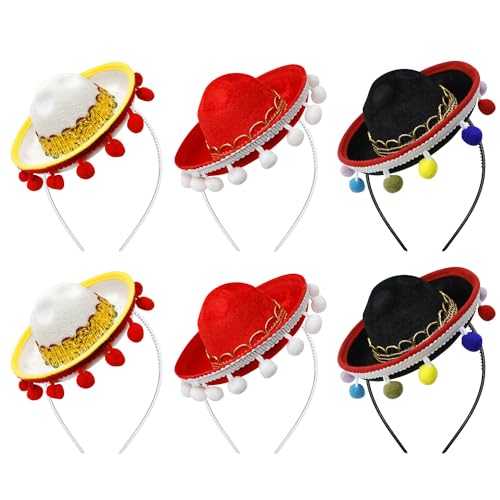 Yzpacc Set von 6 Cinco de Mayo Stroh Sombrero Stirnband Stoff Partyhüte mit Ball Fransen Dekoration für Fiesta Hut Partyzubehör, Dia de Muertos, mexikanische Themen Dekorationen Partyzubehör (style D) von Yzpacc