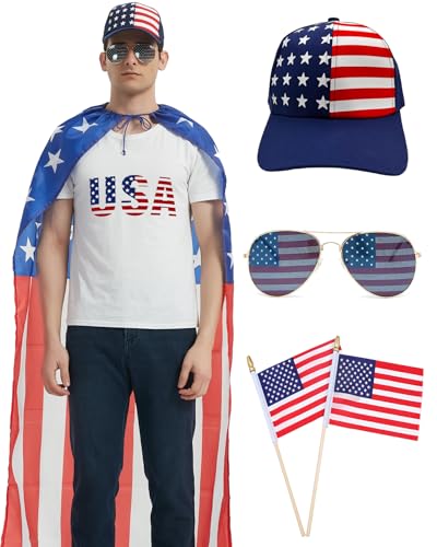 Amerikanische Flagge Umhang 4. Juli Zubehör Vierte Kleidung für Männer Hut Onkel Sam Rot Weiß und Blau Patriotische Sonnenbrille, Rot Weiß und Blau, OneSize von Z-Shop