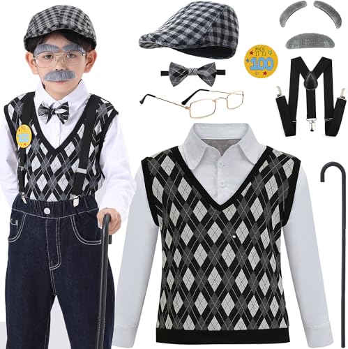 Z-Shop Alter Mann Kostüm für Jungen, 100. Schultag, Kinder, Opa, alte Person, Weste mit Hut, Größe 2–8 Z-Shop Alter Mann Kostüm für Jungen, 100. Schultag, Kinder, Opa, alte Person, Weste mit Hut, Größe 2–8 von Z-Shop