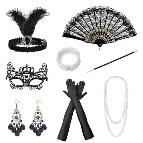 8 Teiliges 20er Jahre Accessoires,1920er Kostüm Accessoires Damen,20er Jahre Kleid Zubehör Set mit Stirnband Handschuhen Halskette Armband Ohrringen Spitze Faltfächer für Karneval Halloween von ZABARE