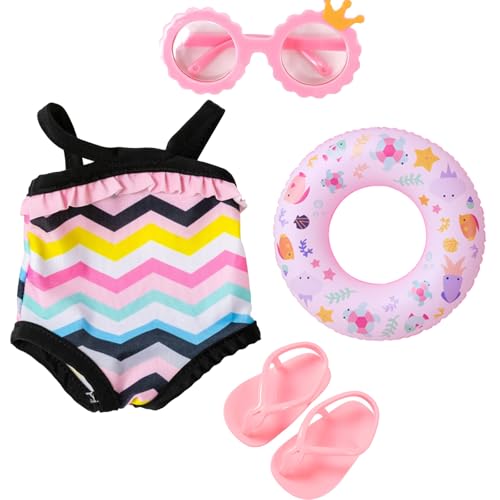 Puppen Kleidung Badeanzug Kleider Zubehör,4 Teilig Puppenkleidung Sommer Badeanzug Bikini Schwimmbekleidung Schwimmreifen Schwimmring Schuhe Sonnenbrille Hut für 35-45 cm New Baby Puppen von ZABARE