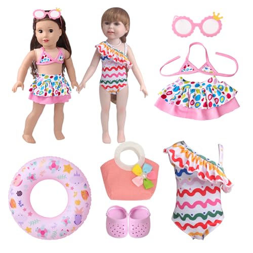 Schwimm-Set für Puppen Badeanzug Kleider Zubehör,6 Teilig Puppenkleidung Sommer Badeanzug Bikini Schwimmbekleidung Schwimmreifen Schwimmring Schuhe Sonnenbrille Hut für 43 cm Schwimmpuppe von ZABARE