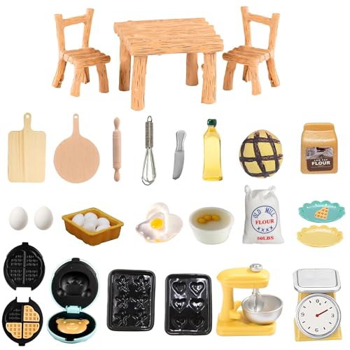 Wichtel Zubehör 29 Sets,Miniatur Küche Puppenhaus Zubehör für Wichteltür Weihnachten Deko 1/12 mit Miniatur Deko Tisch,Stühle,Schneebesen Set,Eier,Nudelholz, Mehlbeutel, Weihnachten Küche Zubehör von ZABARE