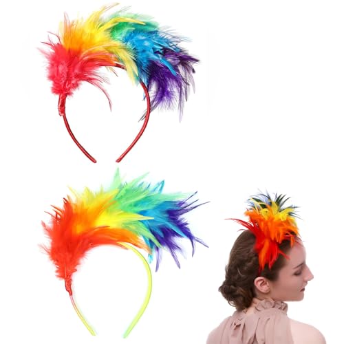 ZABARE 2 Stück Regenbogen Feder Haarreif,Bunte Feder Stirnband Haarschmuck Haarbänder,Papagei Haarband,Kopfbedeckung Kopfschmuck,Regenbogen Kostüm Damen für Karneval Cosplay Hochzeit Halloween Party von ZABARE