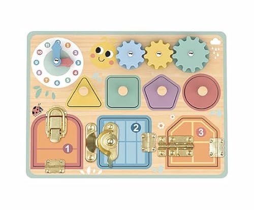 Zacia Toys® Aktivitätstafel Holz | Montessori Motorikspielzeug | Pastellfarben | Latch Board, Formen & Zahnräder | Pädagogisches Spielzeug 3 Jahre von ZACIA