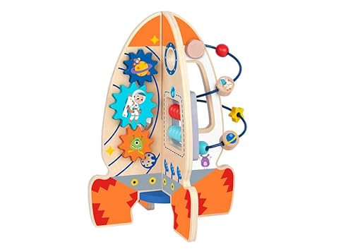 Zacia Toys® Holz Aktivitäten Rakete | Pädagogisches Spielzeug für Kleinkinder | Perlenspirale und Telakus | Entwicklung von Motorik und Fantasie | Weltraum-Thema von ZACIA
