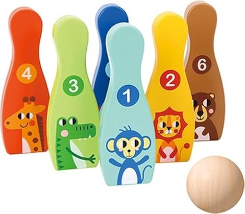 Zacia Toys® Holz Bowling Spiel für Kinder | Bunte Tierfiguren | Pädagogisches Holzspielzeug | Motorikspiel ab 3 Jahren von ZACIA