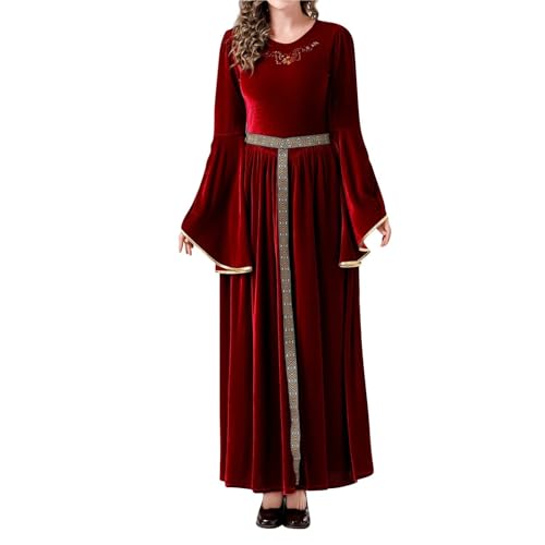 Mittelalter Kostüm, Mittelalter Kleidung Mittelalterliche Vintage-Kleidung for Damen, elegantes, exquisites Kostüm aus goldenem Samt, lässig, for Feiertage, Partys, langärmeliges Cosplay-Kleid(Red,XL) von ZACUNXY
