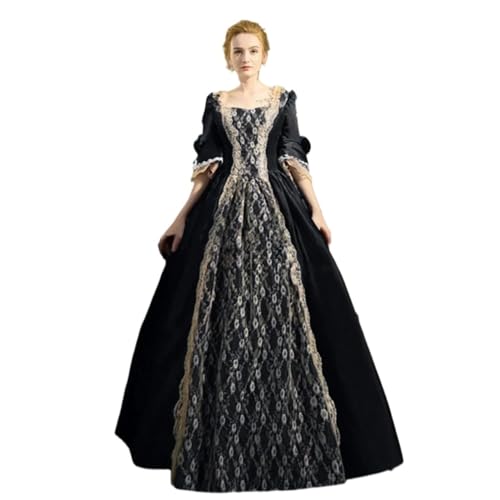 ZACUNXY Mittelalter Kostüm, Mittelalter Kleidung 18. Jahrhundert Mittelalterliche Frauen Hohe Taille Halbarm Ballkleider Prinzessin Spitze Patchwork Satin Kleid Königin Kostüm(Black,S) von ZACUNXY